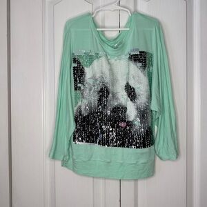 Justice Mint Green Sequin Panda Long Sleeve Top Girls size 12
